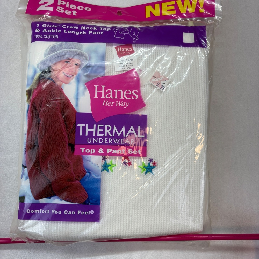 Hanes Her Way Girls Thermal Underwear Set White Cotton Stars Vintage large 14-16